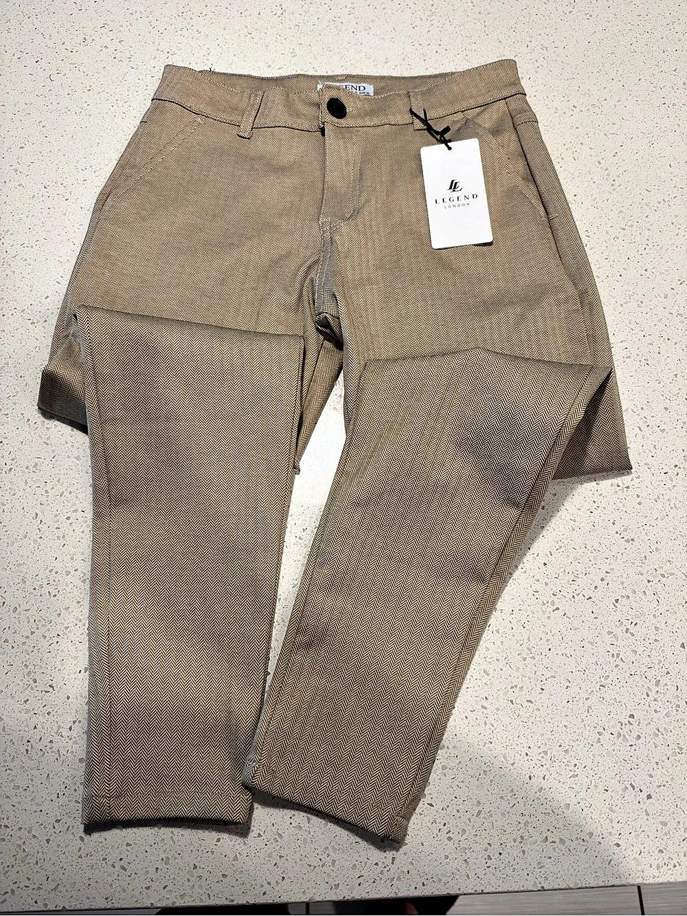 Legend London Men's Herringbone Chino Pants 30W Tan Khaki Stretch NWT